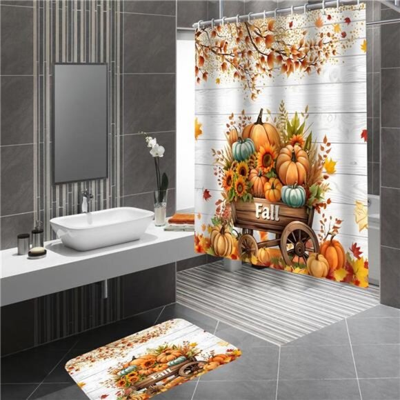 BRAND NEW 4Pcs Thanksgiving Day Shower Curtain Set - Picture 3 of 8